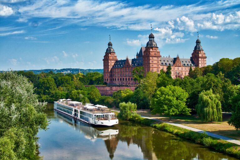 The Viking Longship Lif on the River Main near the Schloss Johannisburg, city of Aschaffenburg, Bavaria, Germany.